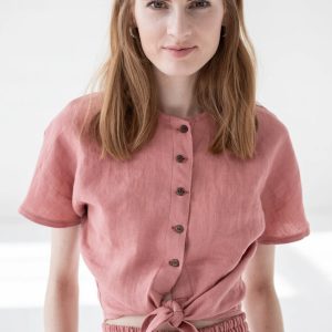 Women's Linen Button Front Tie Hem Top