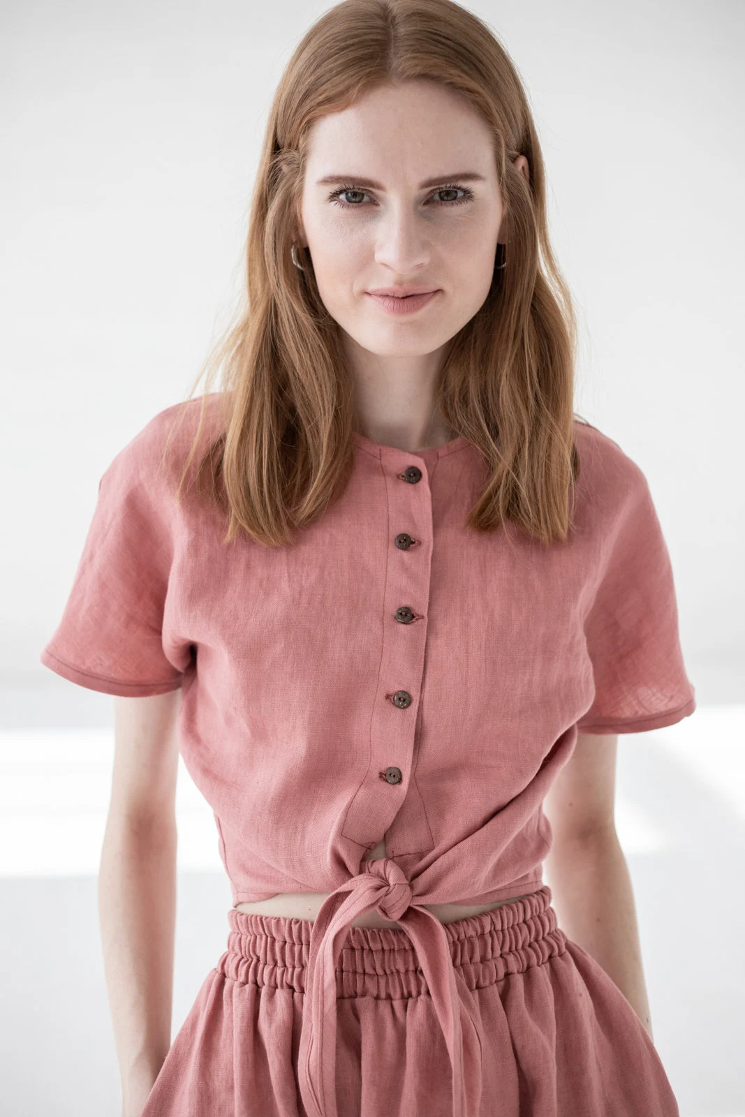 Women's Linen Button Front Tie Hem Top