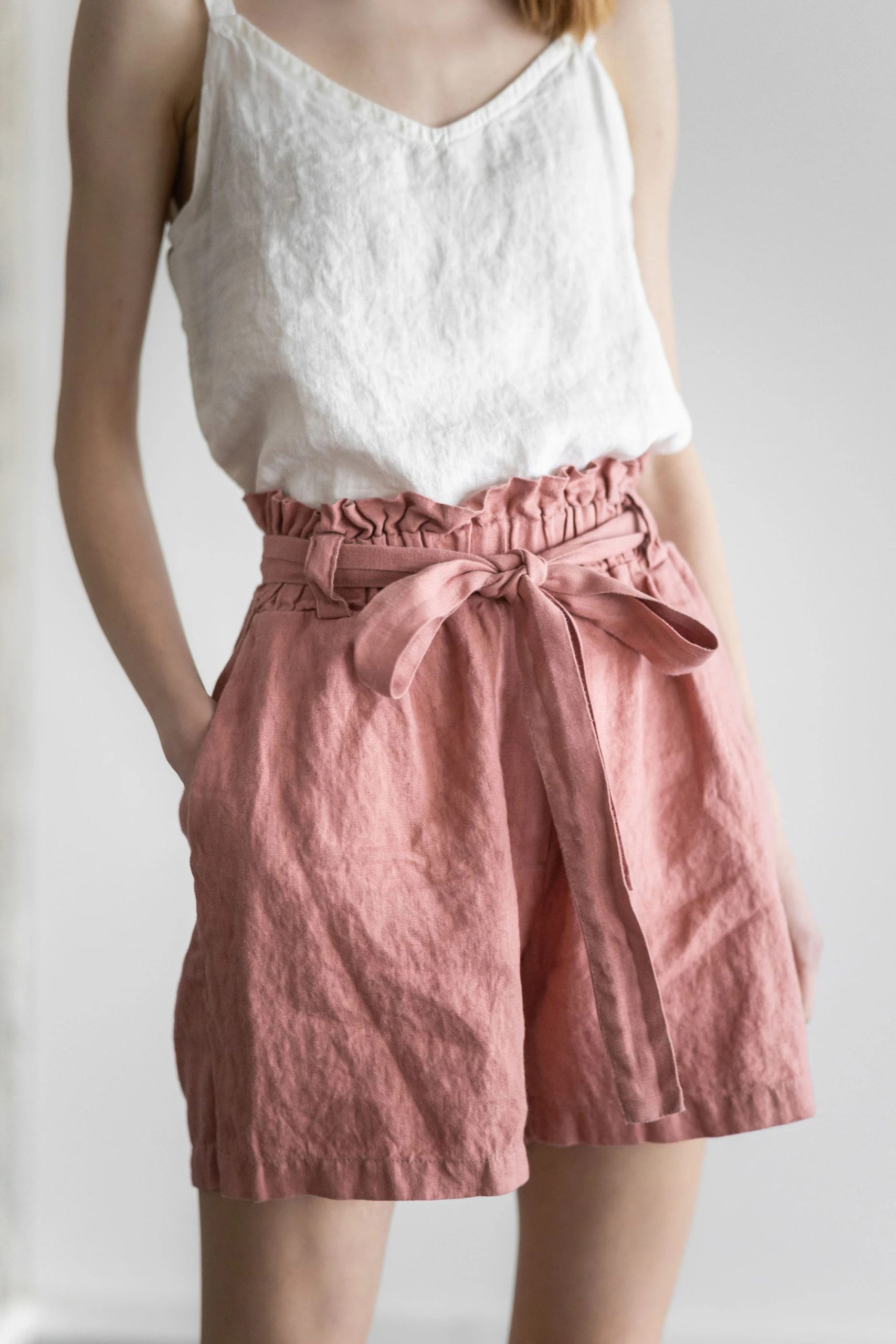 Women's Tie Linen Paperbag Shorts