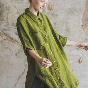 Women's Linen Long Shirt Olive Green