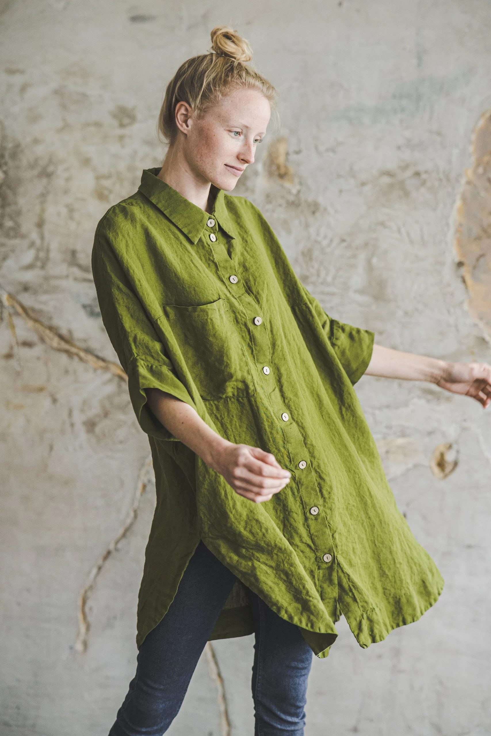Women's Linen Long Shirt Olive Green