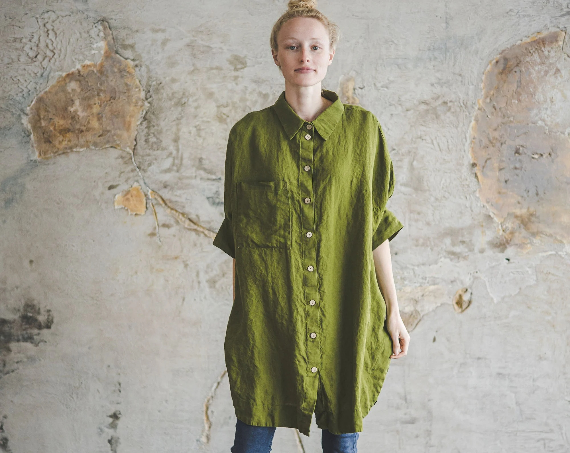 Women's Linen Long Shirt Olive Green - Image 5