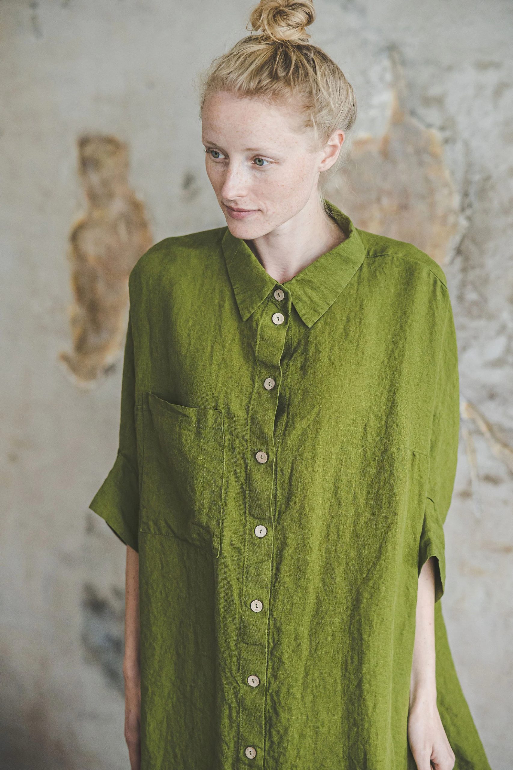 Women's Linen Long Shirt Olive Green - Image 4