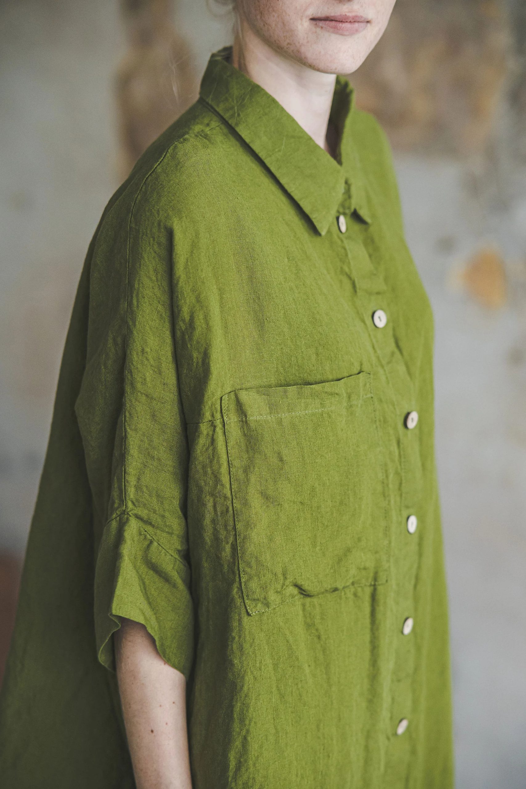 Women's Linen Long Shirt Olive Green - Image 3