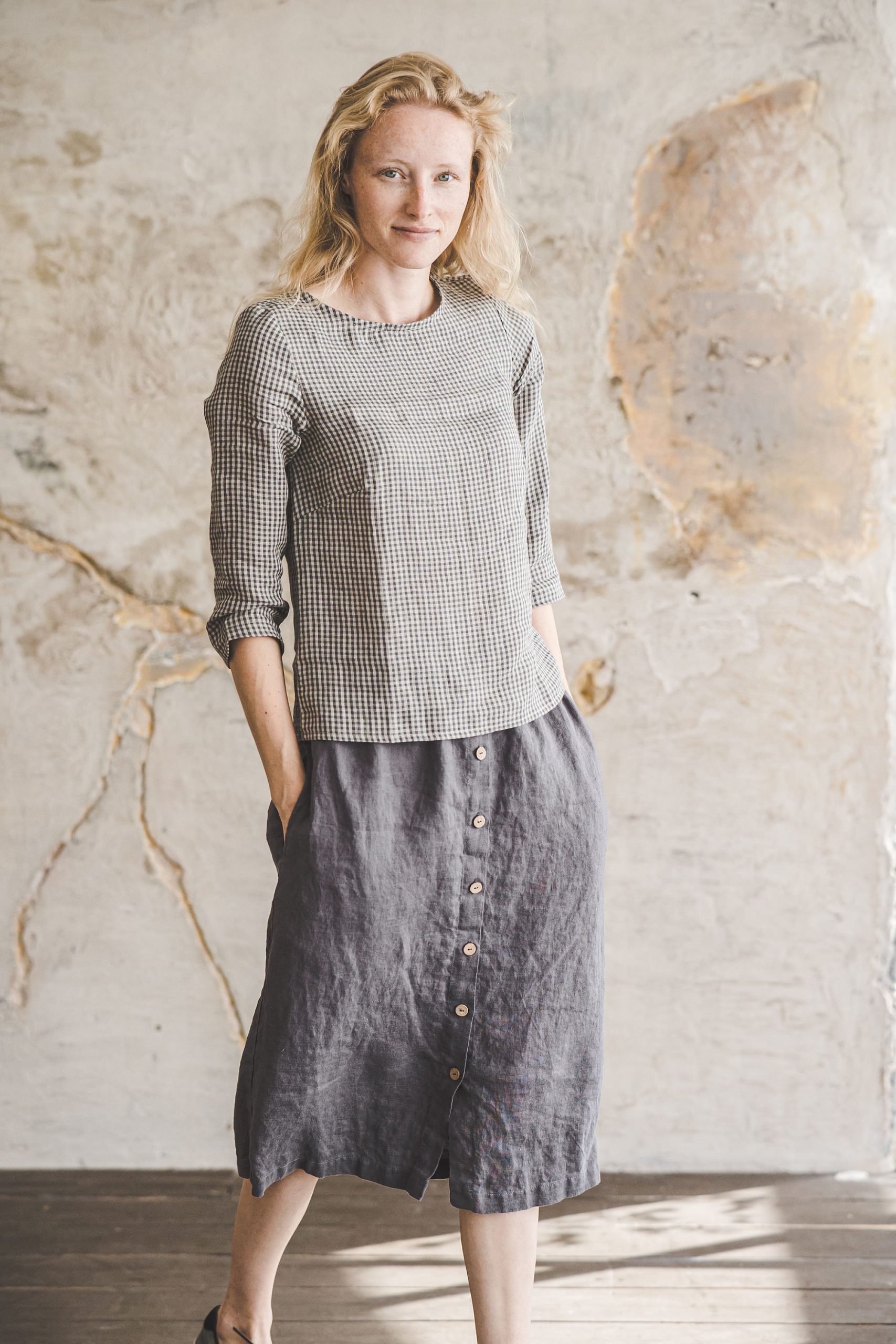 Women's Linen Button Front Midi Skirt