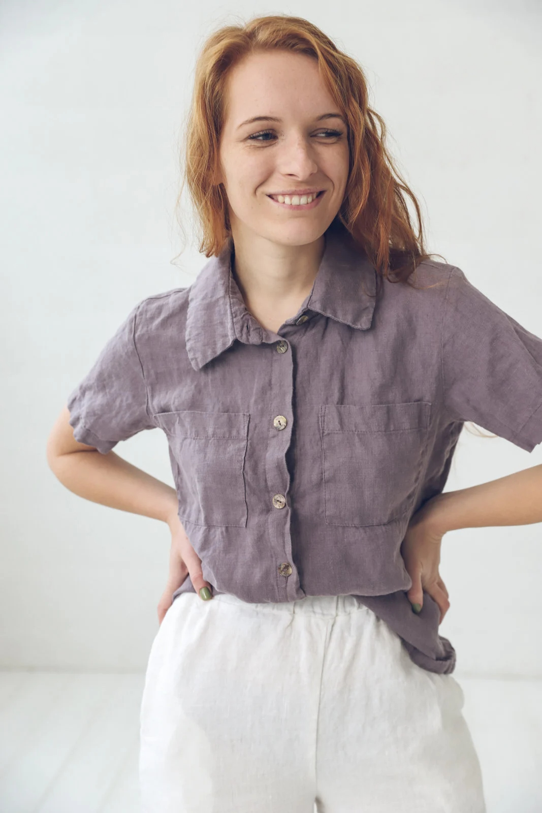 Women's Linen Short Sleeve Pocket Shirt