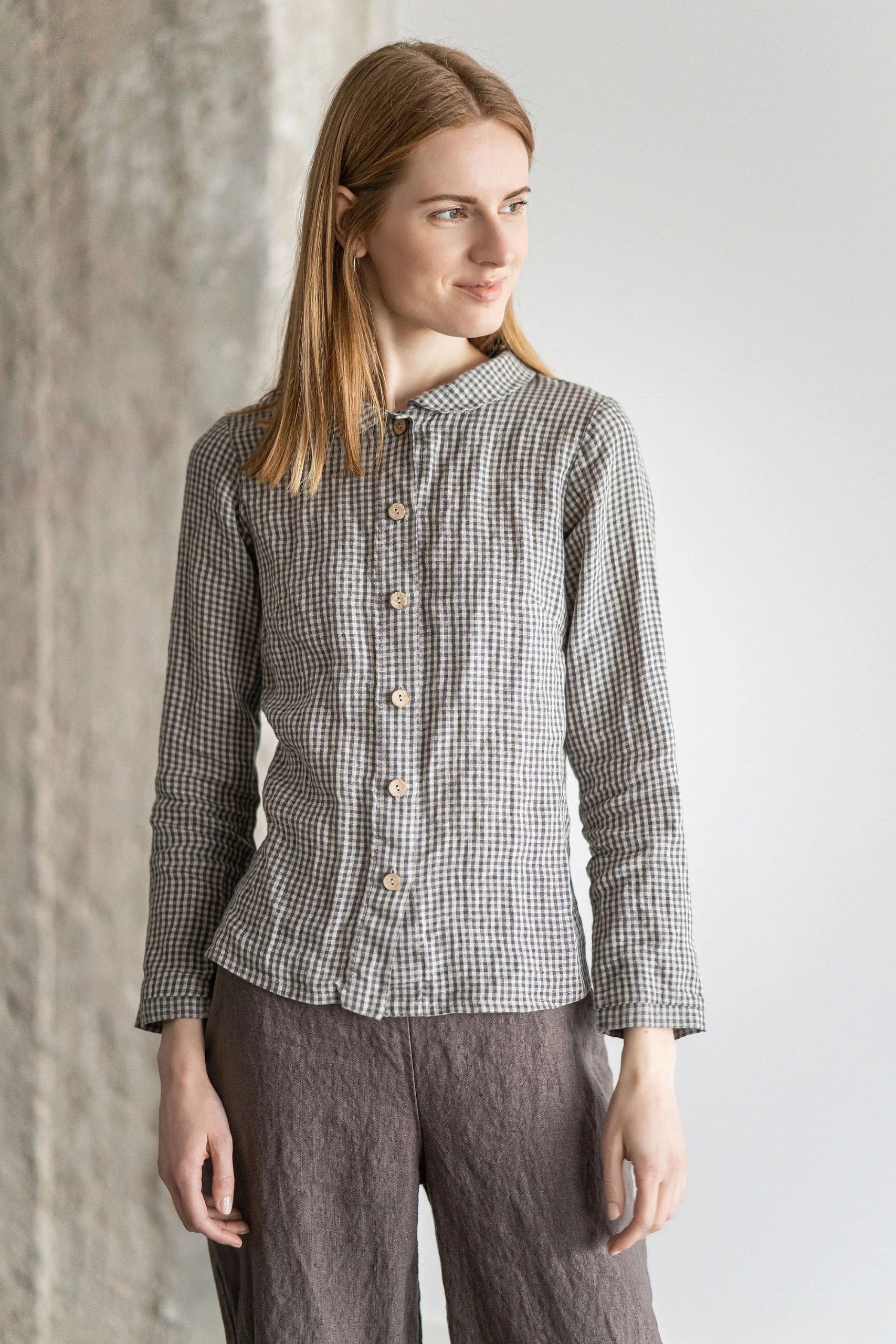 Women's Linen Check Peter Pan Collar Shirt - Image 5