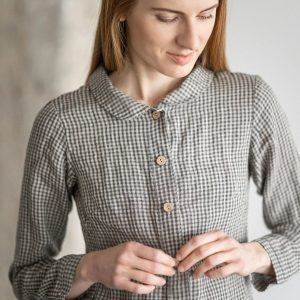 Women's Linen Check Peter Pan Collar Shirt