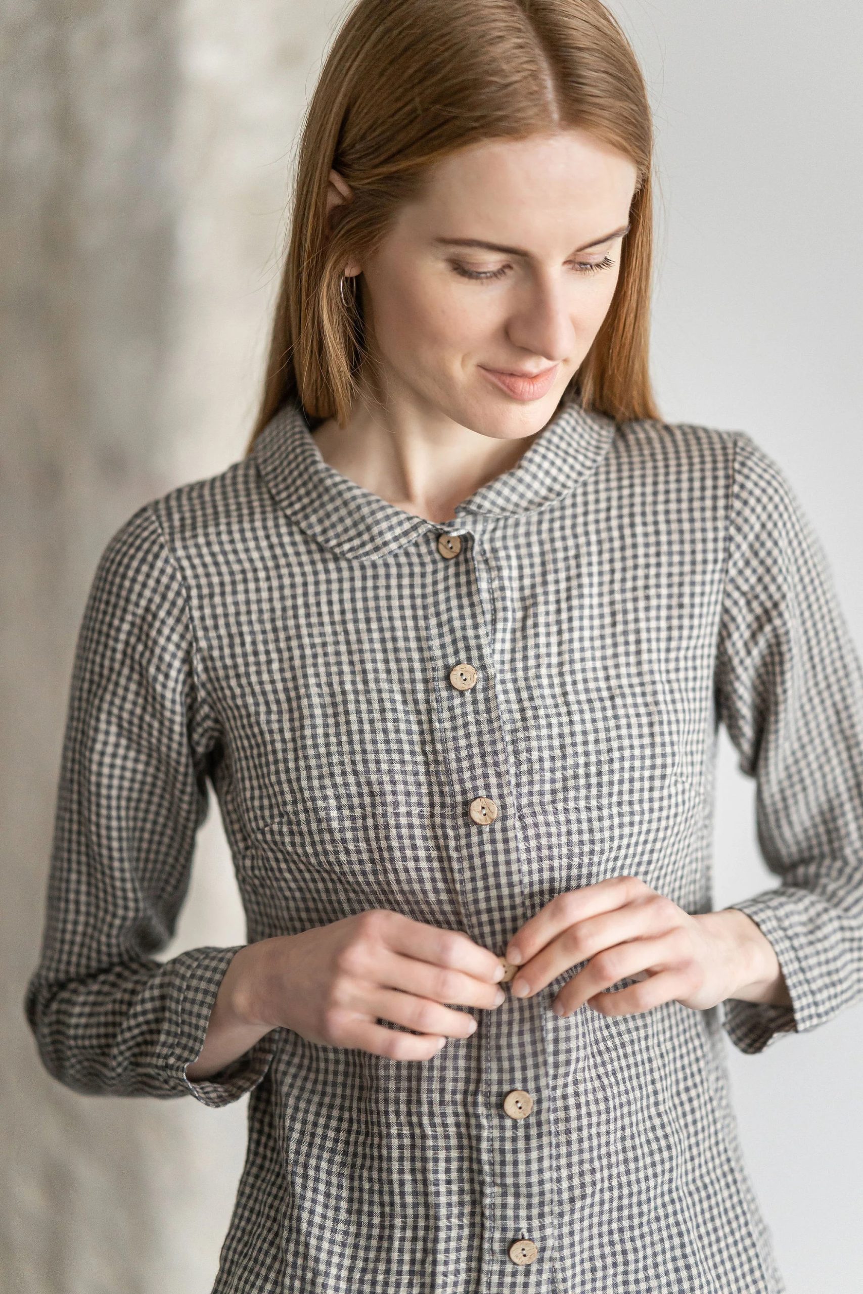 Women's Linen Check Peter Pan Collar Shirt