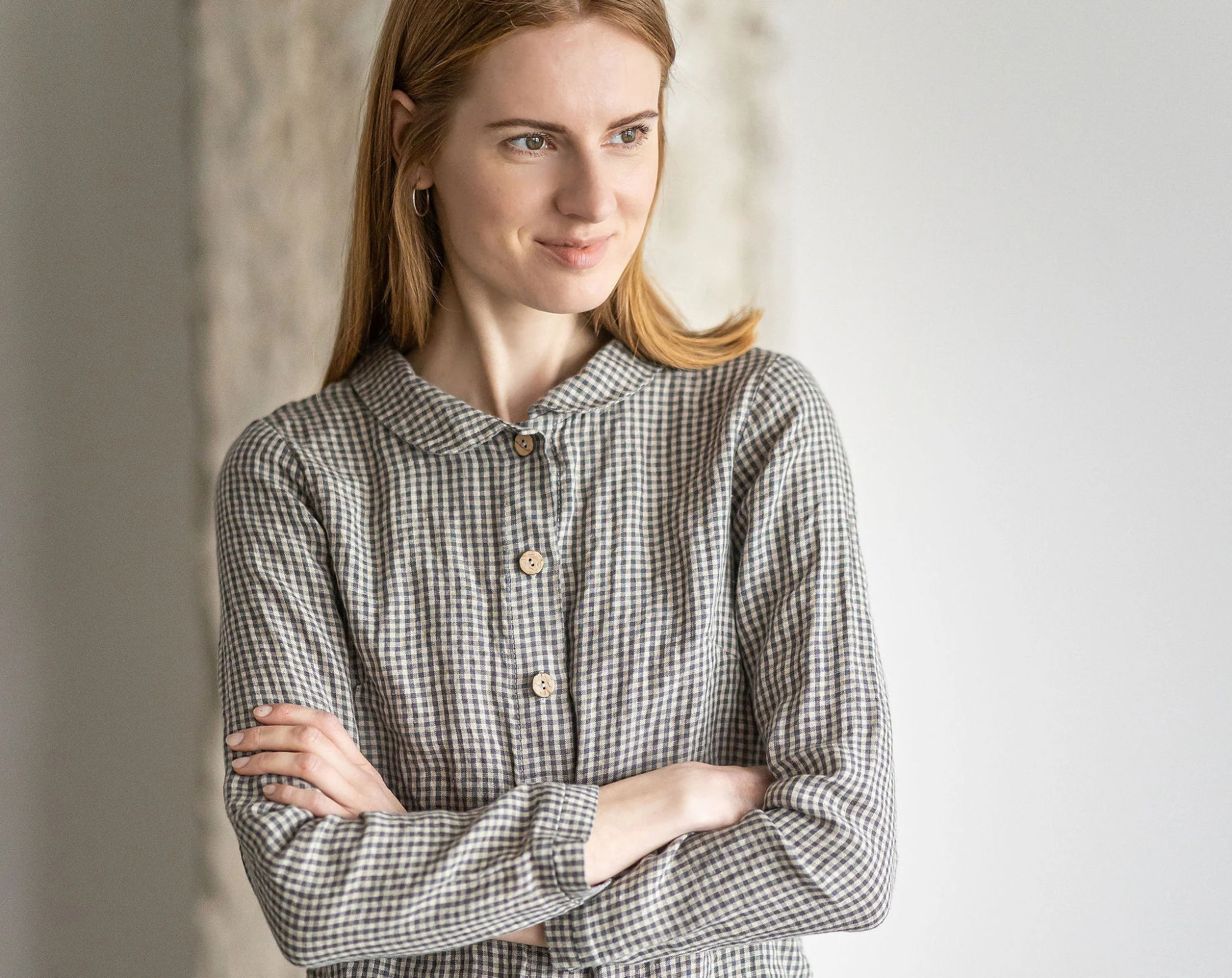 Women's Linen Check Peter Pan Collar Shirt - Image 3