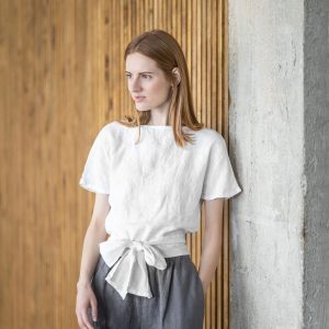 Women's Linen Belted Short Sleeve Top