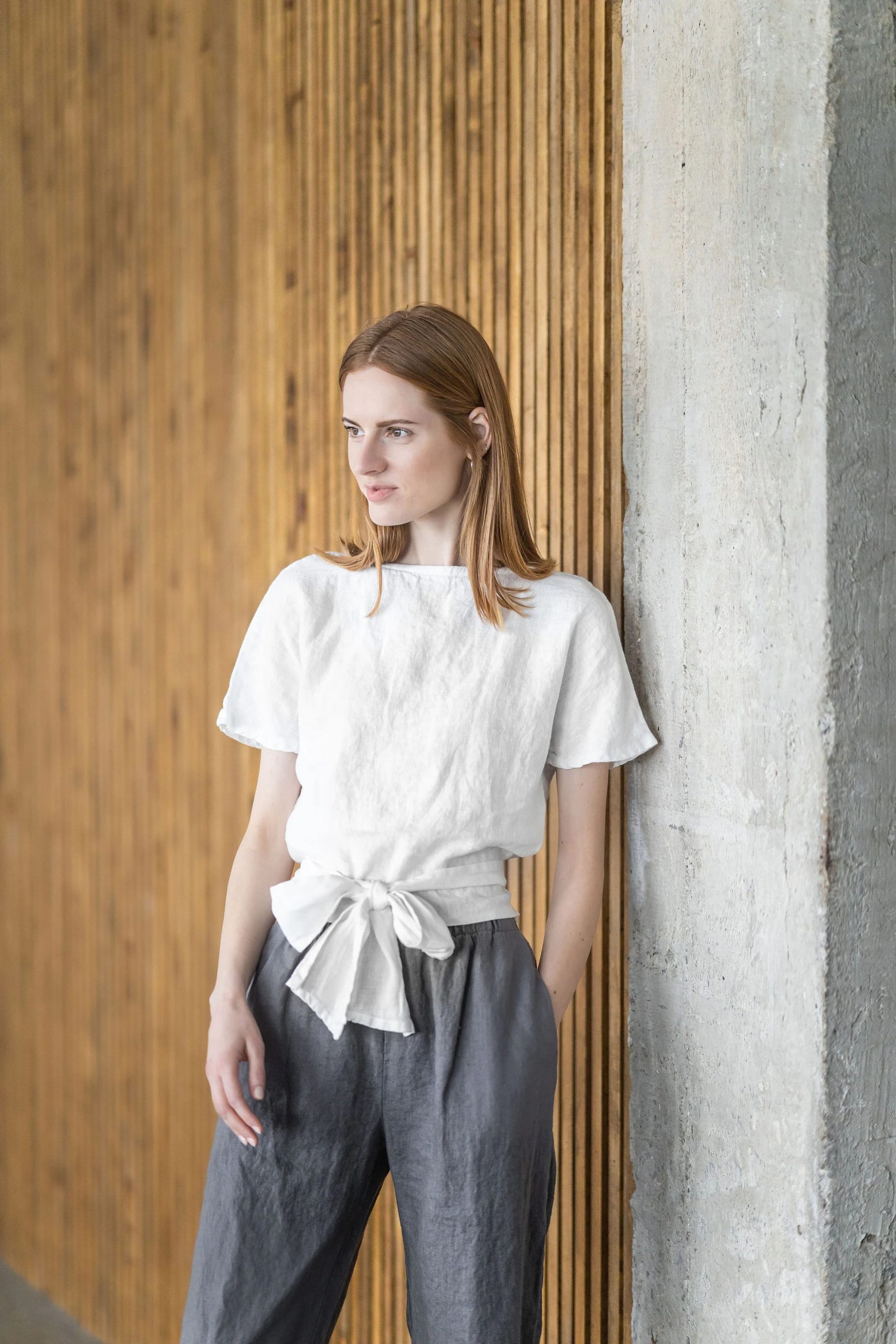 Women's Linen Belted Short Sleeve Top